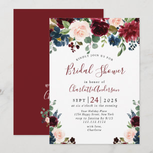 Invitation Burgundy Navy Blue Blush Flowers FÊTE DES MARIÉES
