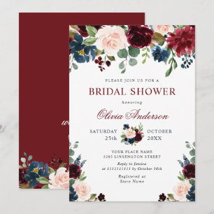 Invitation Burgundy Navy Blue Blush Flowers FÊTE DES MARIÉES