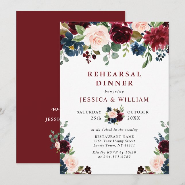 Invitation Burgundy Navy Blue Blush Flowers REHEARSAL DÎNER (Devant / Derrière)