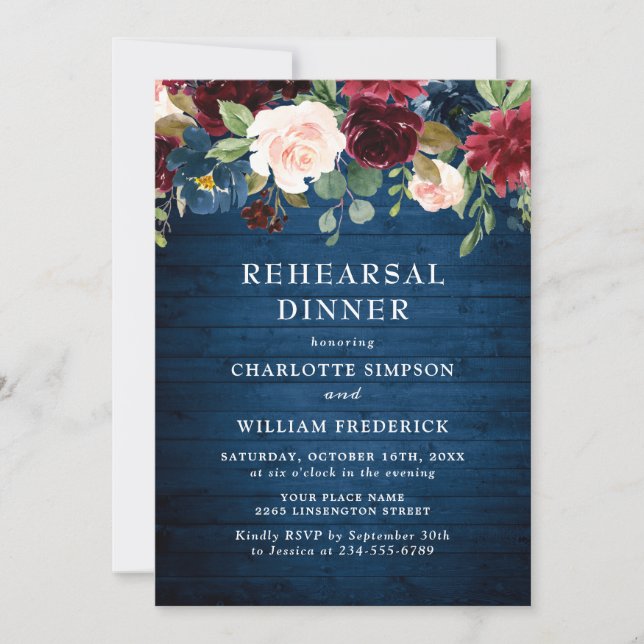 Invitation Burgundy Navy Blue Blush Flowers REHEARSAL DÎNER (Devant)
