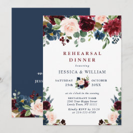 Invitation Burgundy Navy Blue Blush Flowers REHEARSAL DÎNER