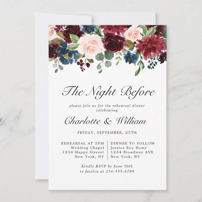 Invitation Burgundy Navy Blue Blush Flowers REHEARSAL DÎNER (Devant)