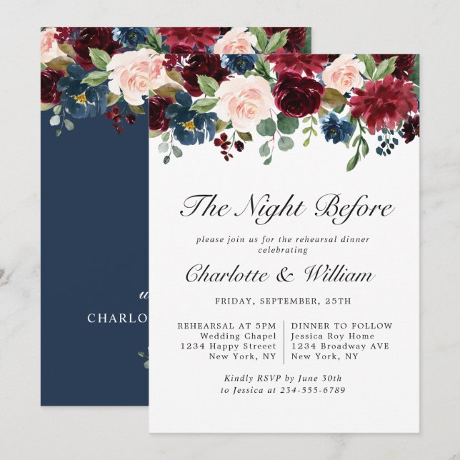 Invitation Burgundy Navy Blue Blush Flowers REHEARSAL DÎNER (Devant / Derrière)
