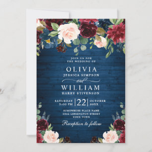 Invitation Burgundy Navy Blue Blush Rustic Floral Mariage