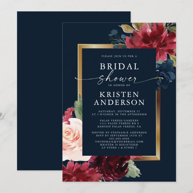 Invitation Burgundy Navy Blue Floral Aquarelle Fête des marié (Devant / Derrière)