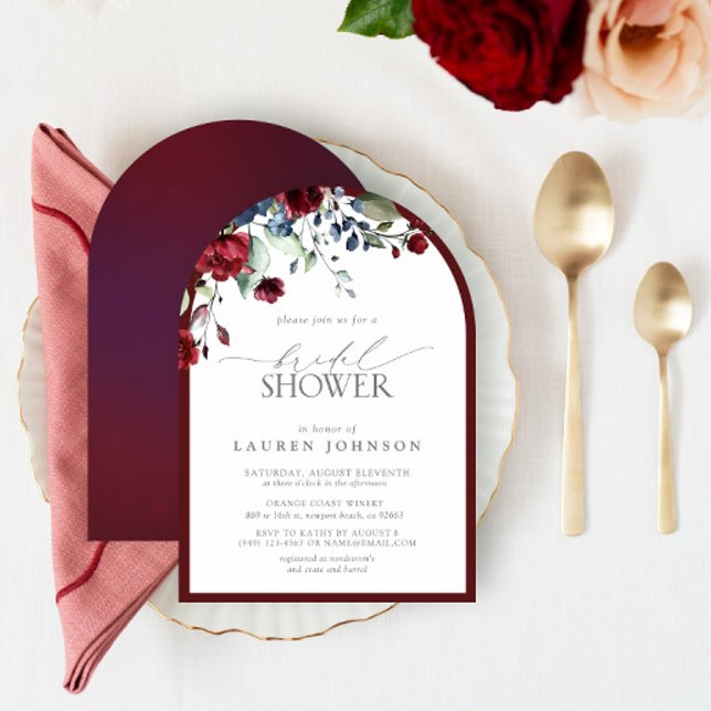 Invitation Burgundy Navy Blue Floral Aquarelle Fête des marié (Créateur téléchargé)