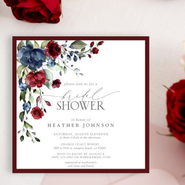 Invitation Burgundy Navy Blue Floral Aquarelle Fête des marié (Créateur téléchargé)