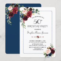 Burgundy Navy Blue Floral Frame 50e Anniversaire