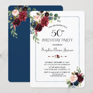 Invitation Burgundy Navy Blue Floral Frame 50e Anniversaire