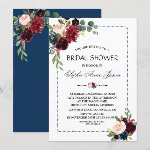 Invitation Burgundy Navy Blue Floral Frame Fête des mariées