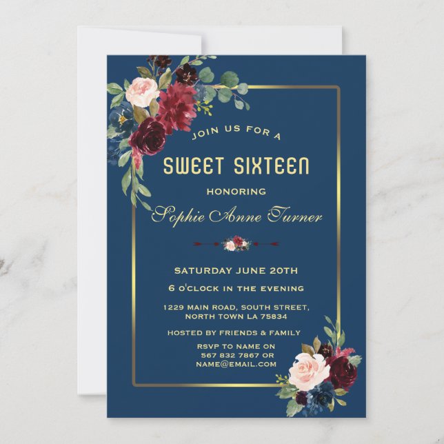 Invitation Burgundy Navy Blue Floral Golden Frame Sweet 16 (Devant)