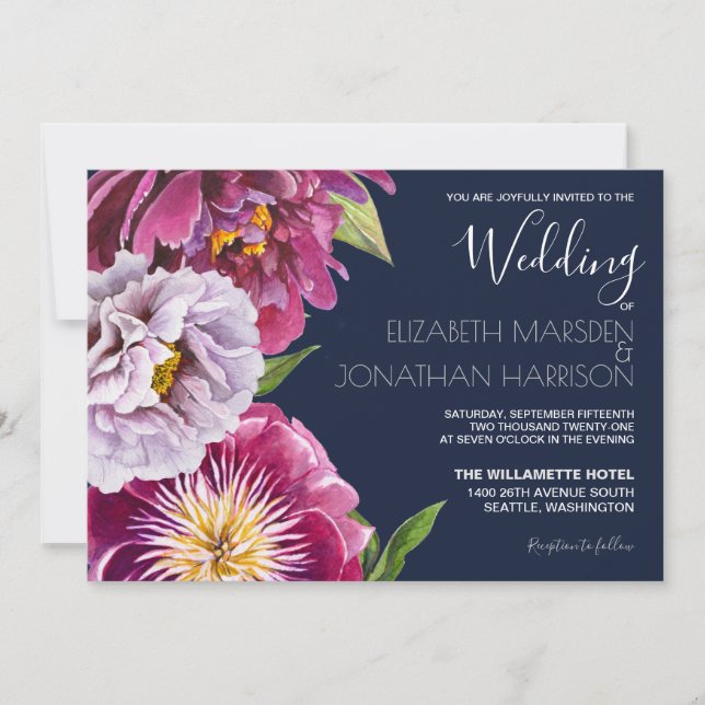 Invitation Burgundy Navy Blue Floral Photo Dark Mariage (Devant)