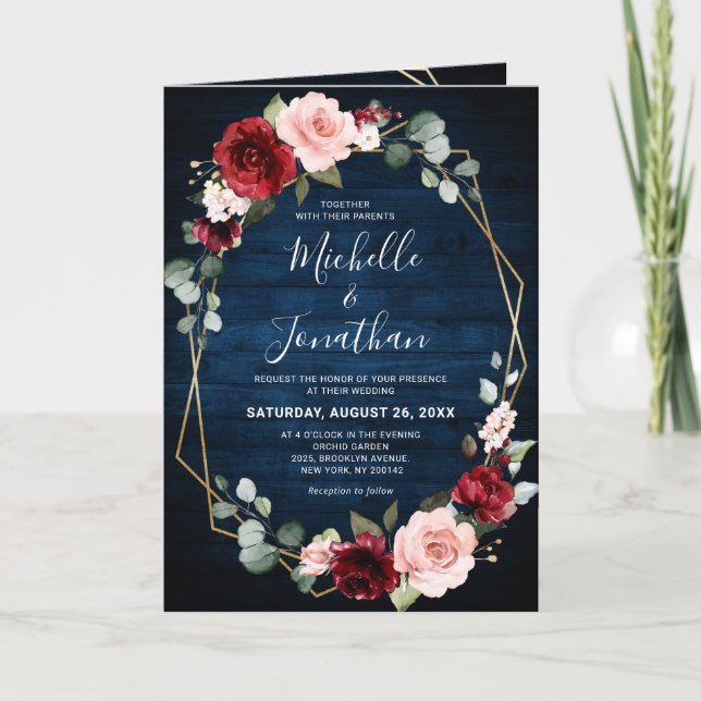 Invitation Burgundy Navy Blush Floral Mariage géométrique (Devant)
