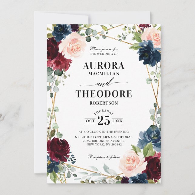 Invitation Burgundy Navy Blush Gold Détails géométriques Mari (Devant)