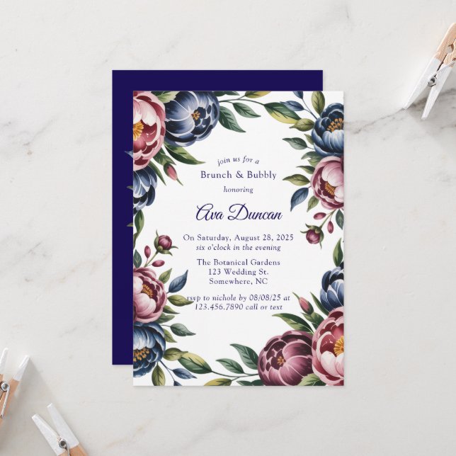 Invitation Burgundy Navy Blush Peony Brunch and Bubbly (Devant/Arrière en situation)