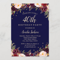Burgundy Navy Elégant Floral 40e Anniversaire