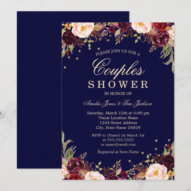Invitation Burgundy Navy Elégant Floral Couples Douche (Devant / Derrière)