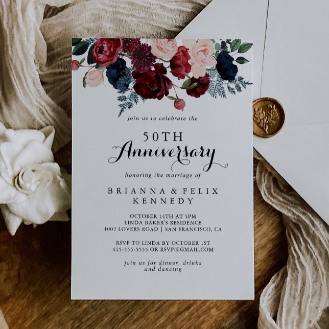 Invitation Burgundy Navy Floral 50e anniversaire de mariage  (Créateur téléchargé)