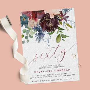 Invitation Burgundy & Navy Floral 60ème Script Anniversaire