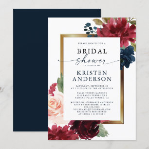 Invitation Burgundy Navy Floral Aquarelle Or Fête des mariées