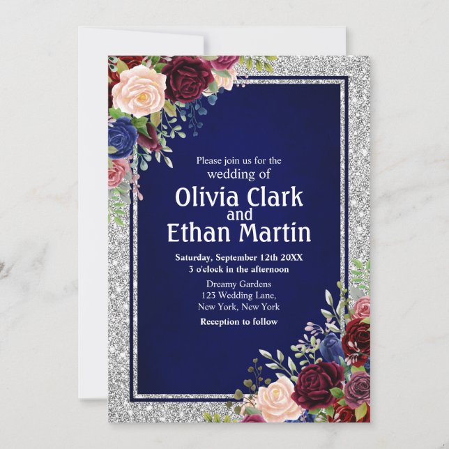 Invitation Burgundy Navy Floral Argent Frame (Devant)