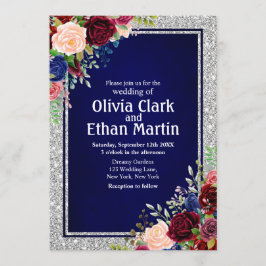 Invitation Burgundy Navy Floral Argent Frame