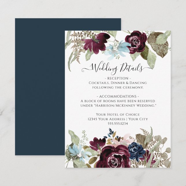 Invitation Burgundy Navy Floral Elegant Mariage de automne Dé (Devant / Derrière)