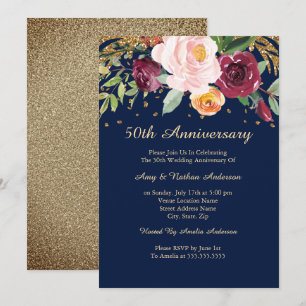 Invitation Burgundy Navy Floral Glitter 50e Anniversaire