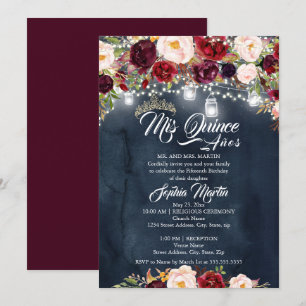 Invitation Burgundy Navy Floral Lights Quinceanera