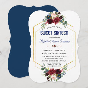 Invitation Burgundy Navy Floral Or Hexagone Cadre Sweet 16