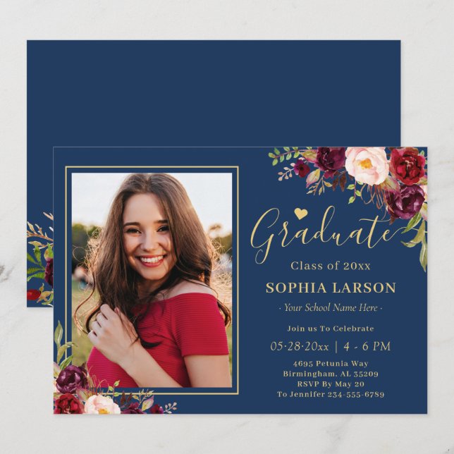 Invitation Burgundy Navy Floral Photo Célébration (Devant / Derrière)