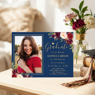 Invitation Burgundy Navy Floral Photo Célébration