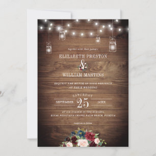 Invitation Burgundy Navy Floral Rustic Barn Mariage en bois