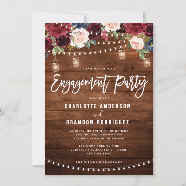 Invitation Burgundy Navy Floral String Light Engagement (Devant)