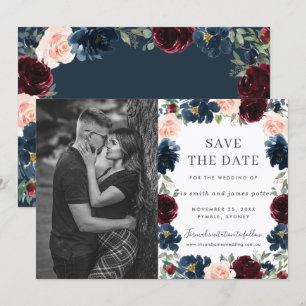 Invitation Burgundy Navy Pink Floral Photo Enregistrer la car