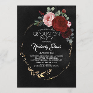Invitation Burgundy Noire Rouge et or Floral Graduation