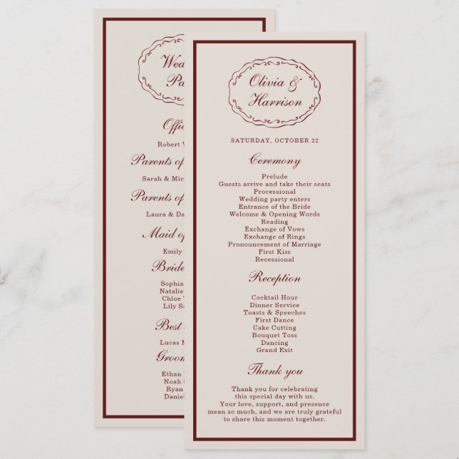 Invitation Burgundy Old Money Wedding Program Card (Devant / Derrière)
