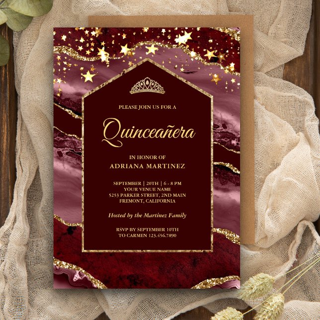 Invitation Burgundy Or Agate Marbre Arche Quinceanera (Créateur téléchargé)
