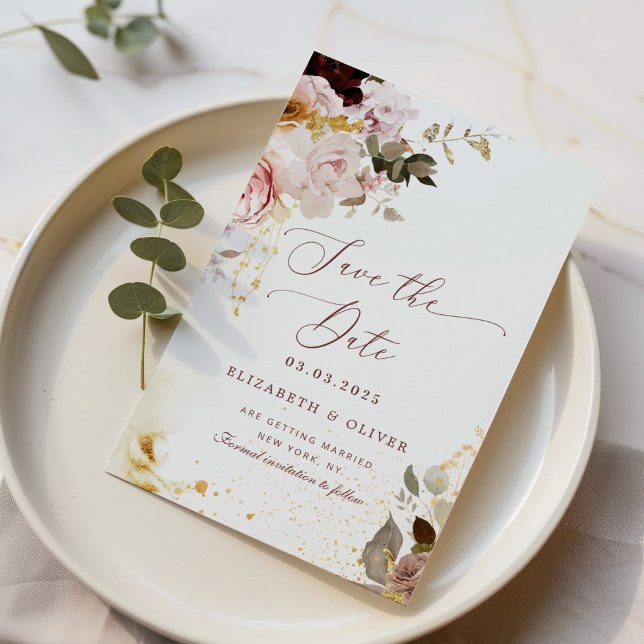 Invitation Burgundy or chute élégante Enregistrer la date (Créateur téléchargé)