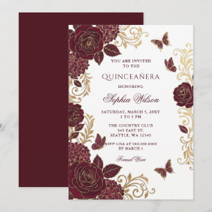 Invitation Burgundy Or Floral Papillon Quinceañera