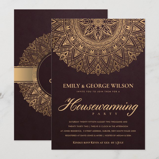 INVITATION BURGUNDY OR ORNATE MANDALA FÊTE DE RÉCHAUFFEMENT (Devant / Derrière)