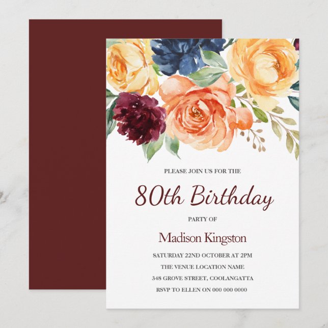 Invitation Burgundy Peach Navy Floral 80e Anniversaire (Devant / Derrière)