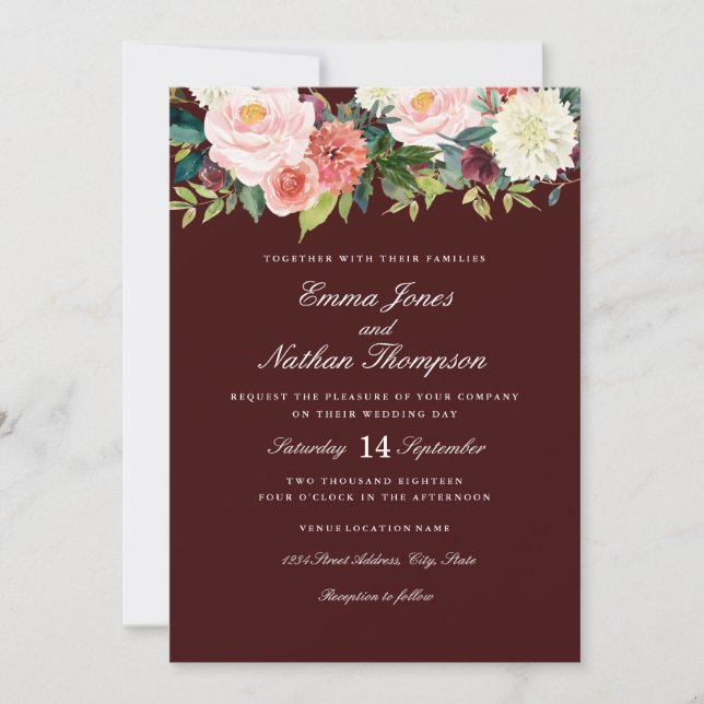 Invitation Burgundy Pêche Botanique Aquarelle Florale Mariage (Devant)