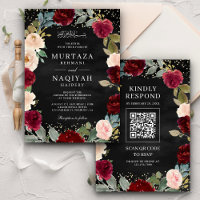 Burgundy Pêche Floral QR Code Black Muslim Mariage