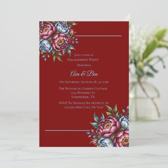 Invitation Burgundy Peony et Blue Rose (Debout devant)
