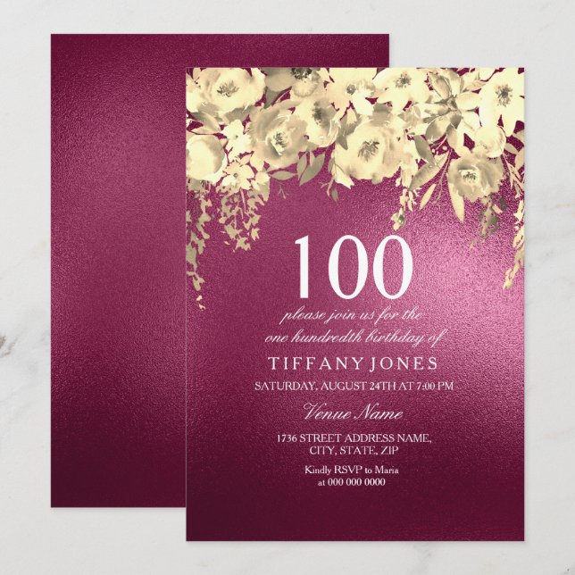 Invitation Burgundy Pink and Gold Floral 100e fête d'annivers (Devant / Derrière)