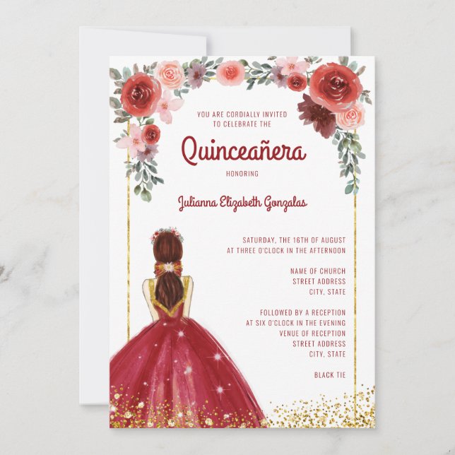 Invitation Burgundy Pink Gold Floral Princess Quinceanera (Devant)
