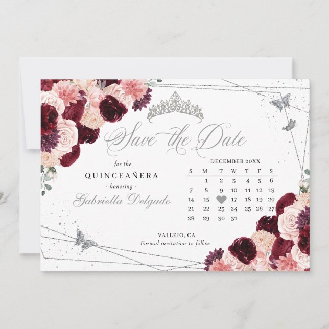 Invitation Burgundy Pink & Silver Quinceañera Enregistrer La  (Devant)