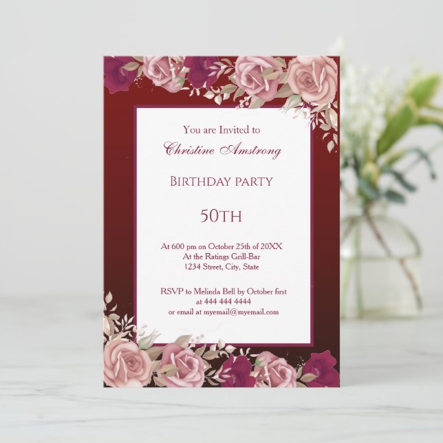 Invitation Burgundy Plum Anniversaire Fête Élégante Moderne (Debout devant)