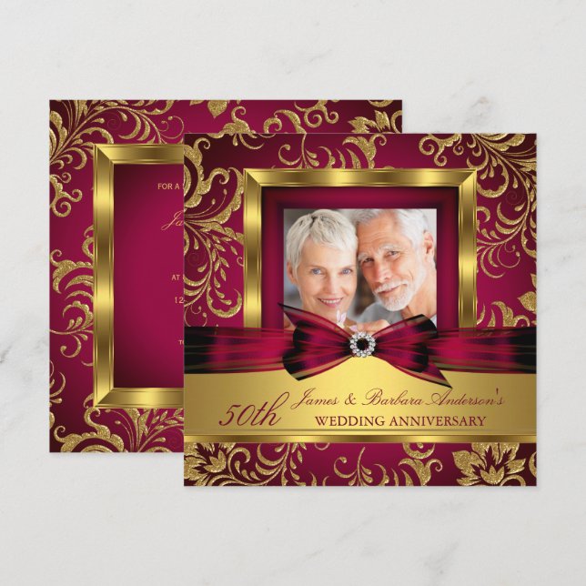 Invitation Burgundy Plum Gold Photo 50e Anniversaire de Maria (Devant / Derrière)